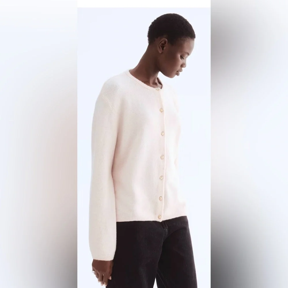 Loose-Fitting, Pale Pink Cardigan Sweater | Crew Neck | Gold Buttons | L | NWT - Picture 3 of 9